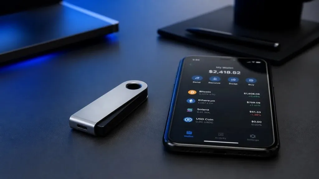 Аппаратный криптокошелёк рядом со смартфоном на столе