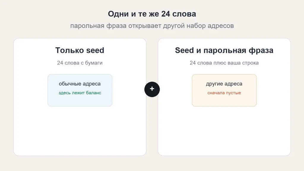 Схема: 24 слова ведут к одним адресам с балансом, те же 24 слова плюс парольная фраза ведут к другим, сначала пустым адресам