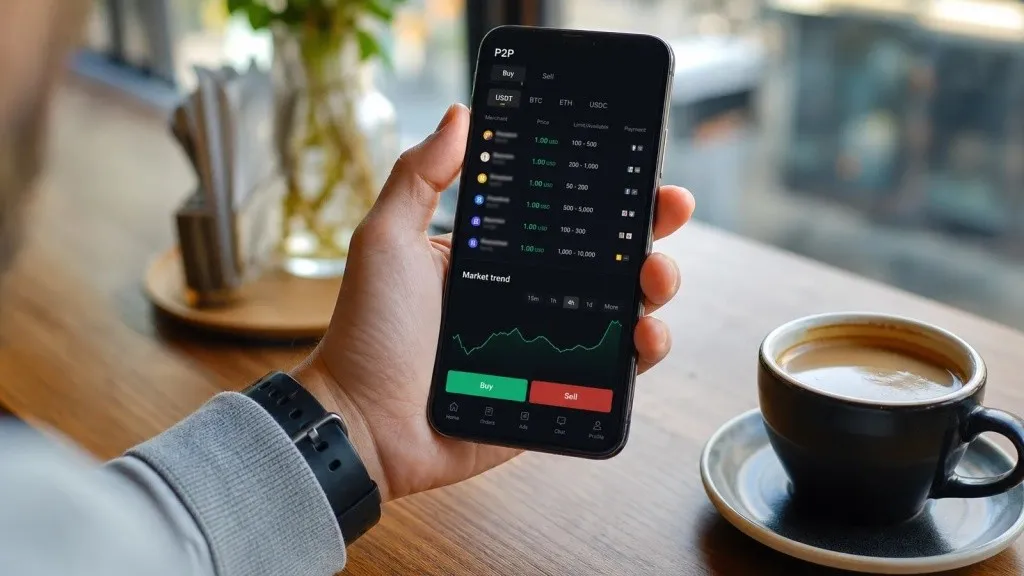 Покупка криптовалюты через P2P-раздел биржи в мобильном приложении