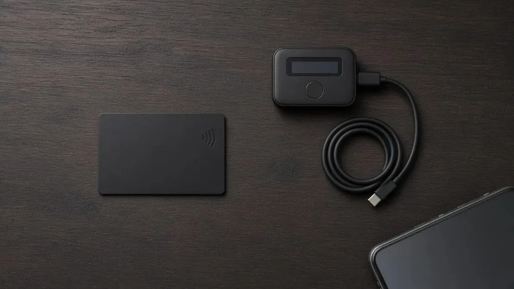 NFC-карта холодного кошелька без экрана рядом с USB-устройством с экраном подтверждения